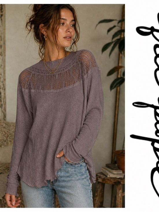 Free People Tops - Free People Taupe Lace waffle knit Long Sleeve Top